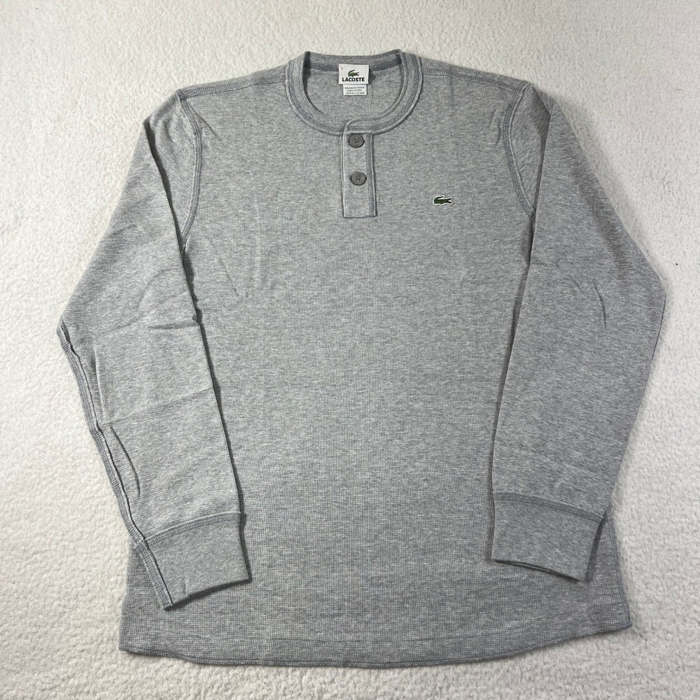 Lacoste Henley Shirt Men's US Size L (EU/M) Grey Waffle Knit Long Sleeve VTG